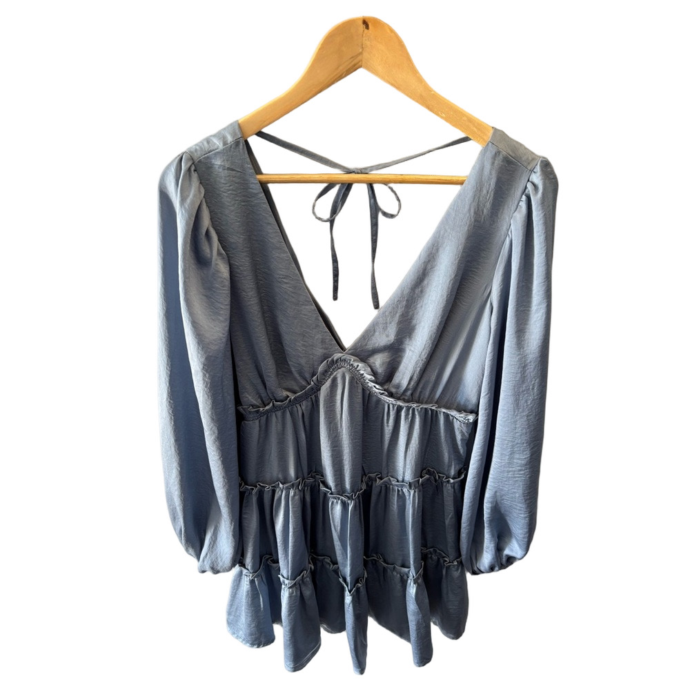 Lulu's Moonstruck Slate Blue Satin Tiered Long Sleeve Mini Dress Size S V-Back - Picture 3 of 13